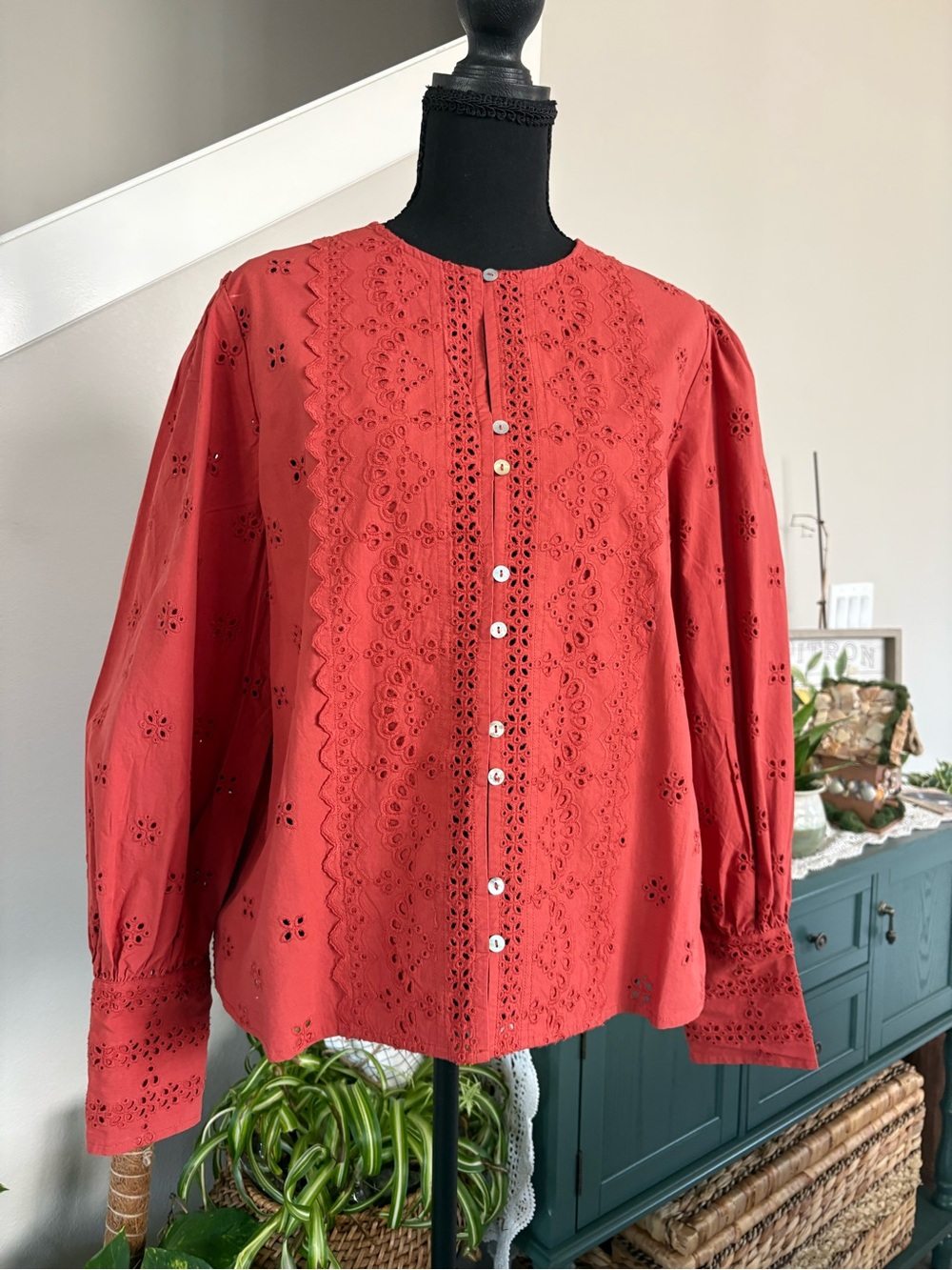 Women’s Eyelet Button-Front Blouse in Red